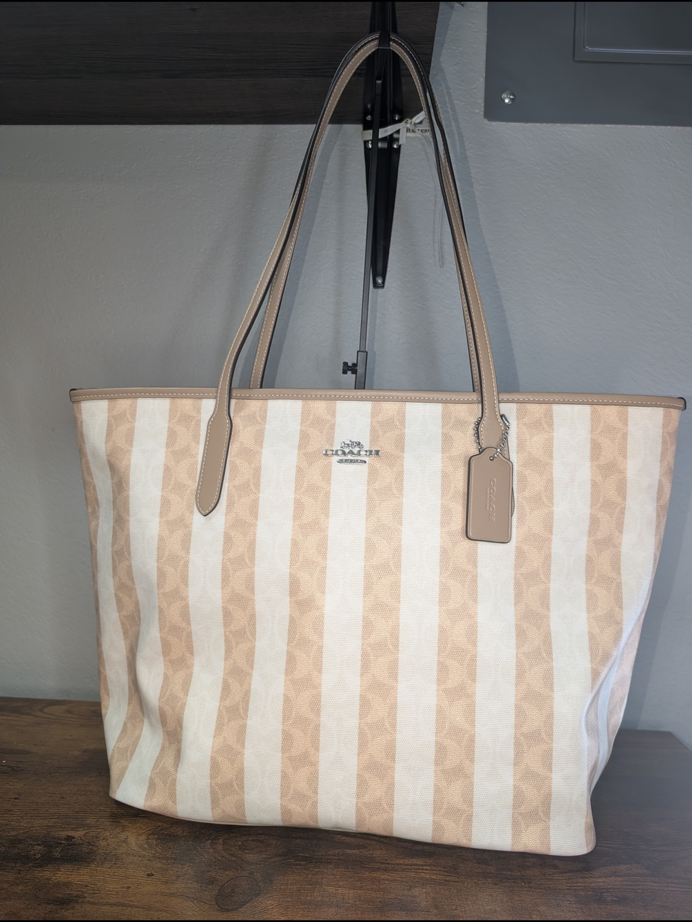 Coach Beige & White Stripe Signature Tote